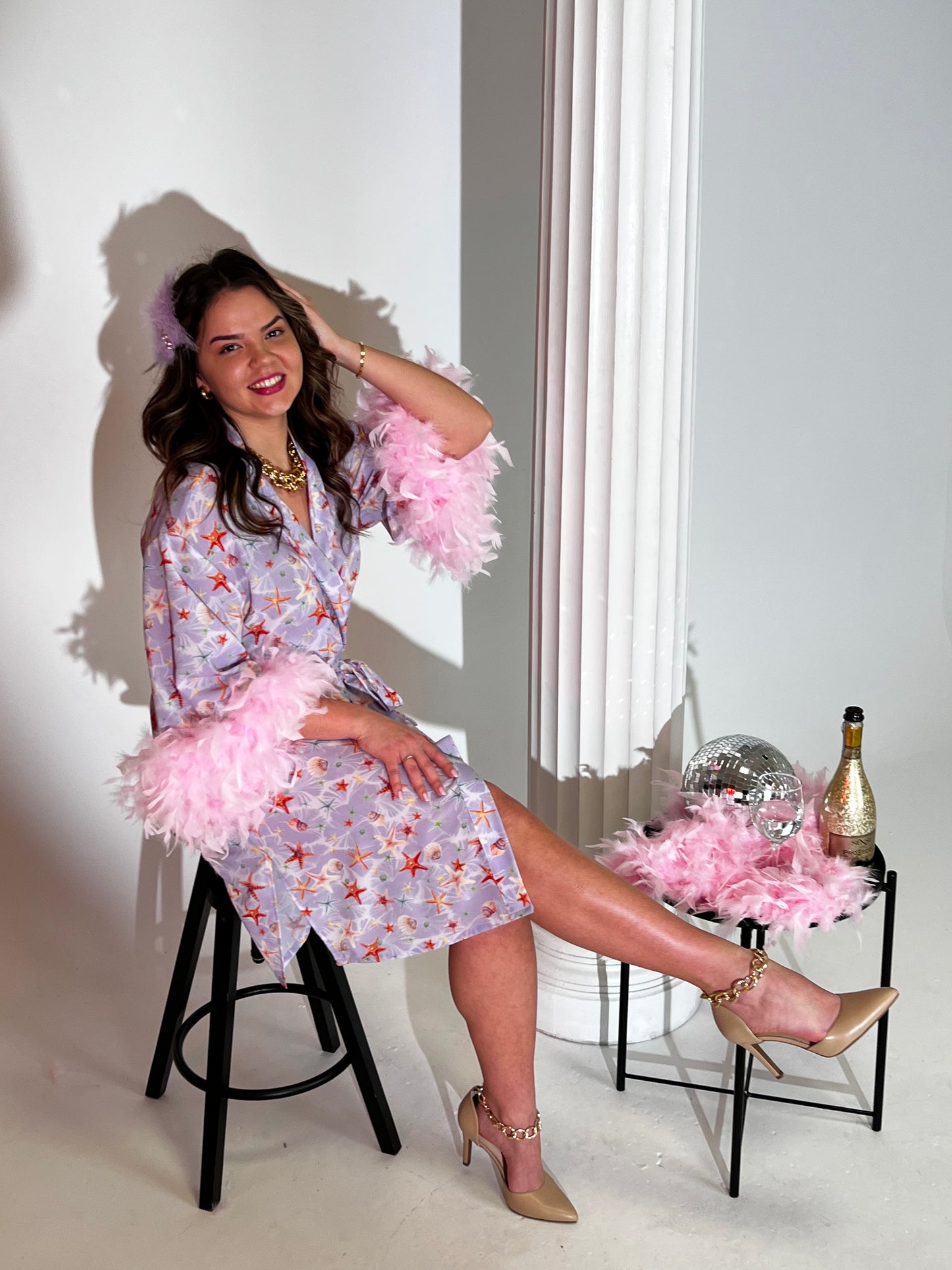 Luxury 100% Faux Silk Robe middle length, 3/4 sleeve with ostrich feather trim, tie Belt & Sophisticated Print