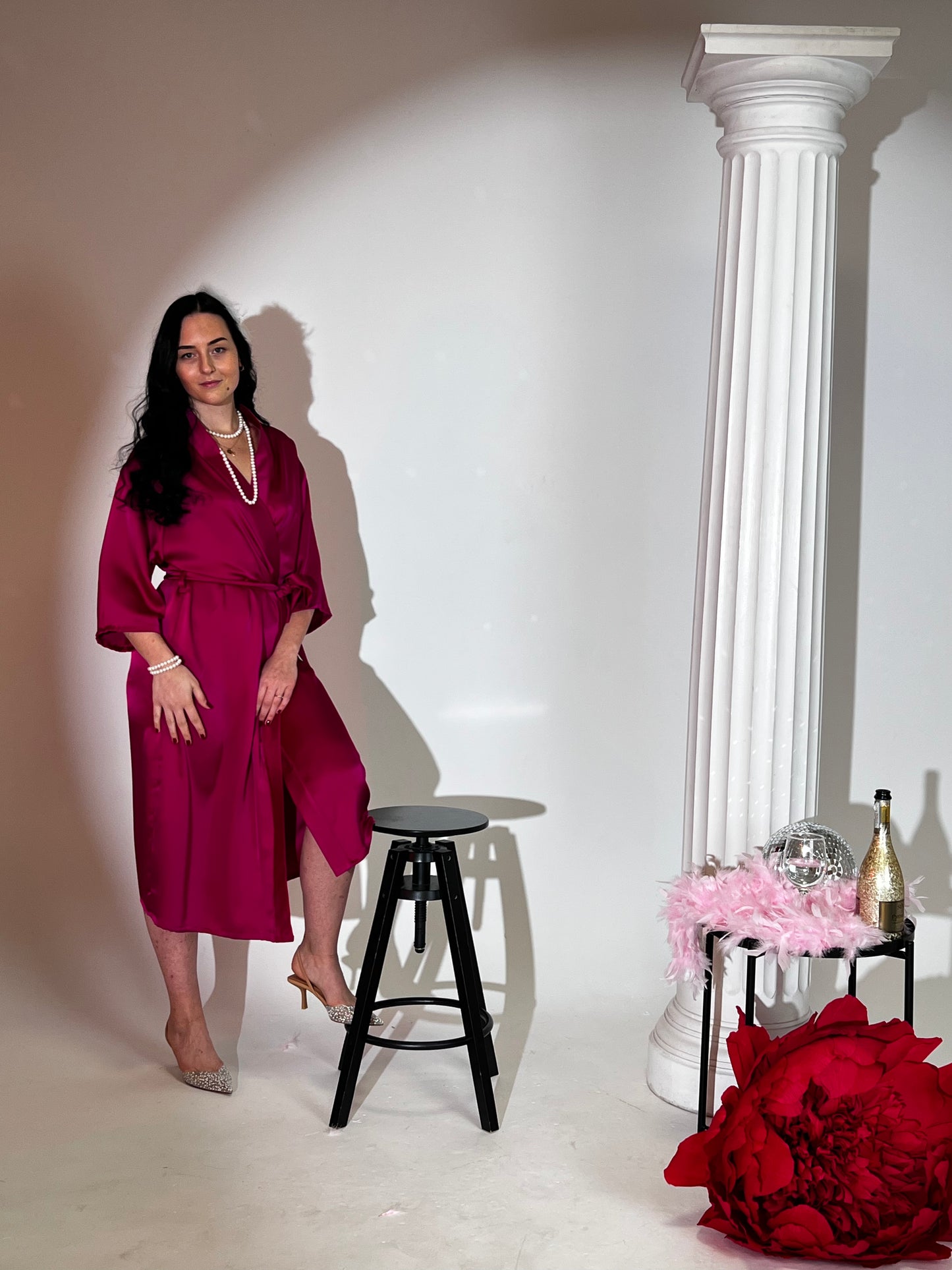 Deep Fuchsia Satin-Finish Robe – Luxury Faux Silk Loungewear for Women