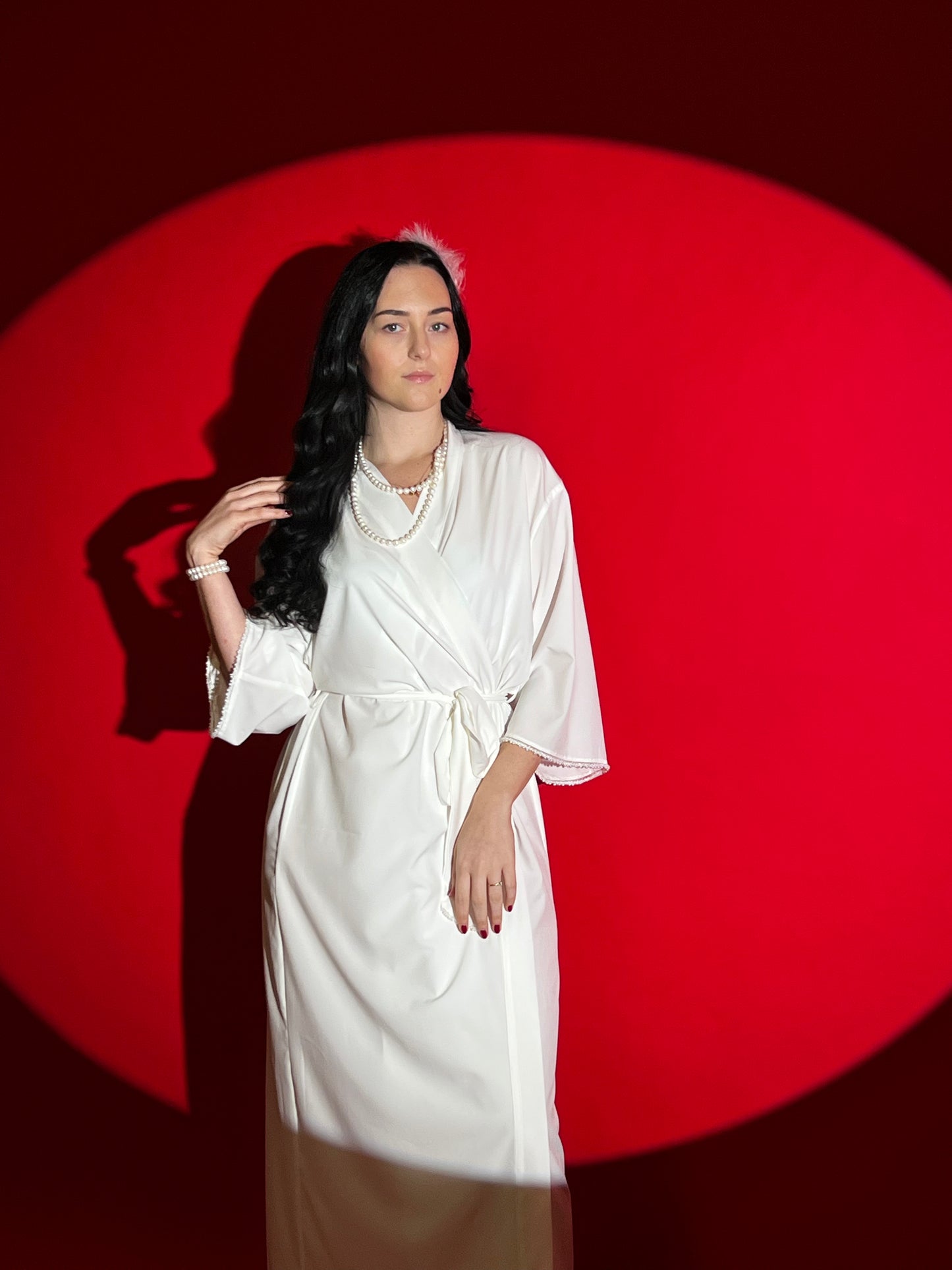 Full-Length White Bridal Robe – Faux Silk with Pearl-Embellished Sleeves & Belt