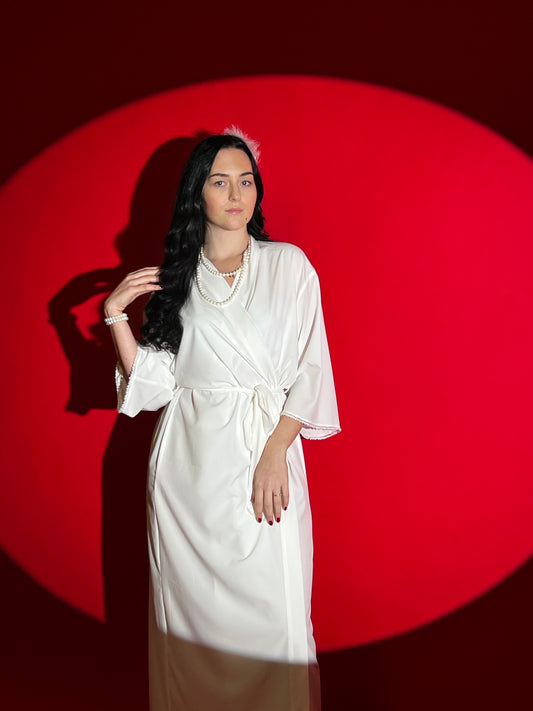 Full-Length White Bridal Robe – Faux Silk with Pearl-Embellished Sleeves & Belt