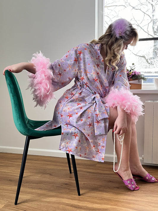 Luxury 100% Faux Silk Robe middle length, 3/4 sleeve with ostrich feather trim, tie Belt & Sophisticated Print